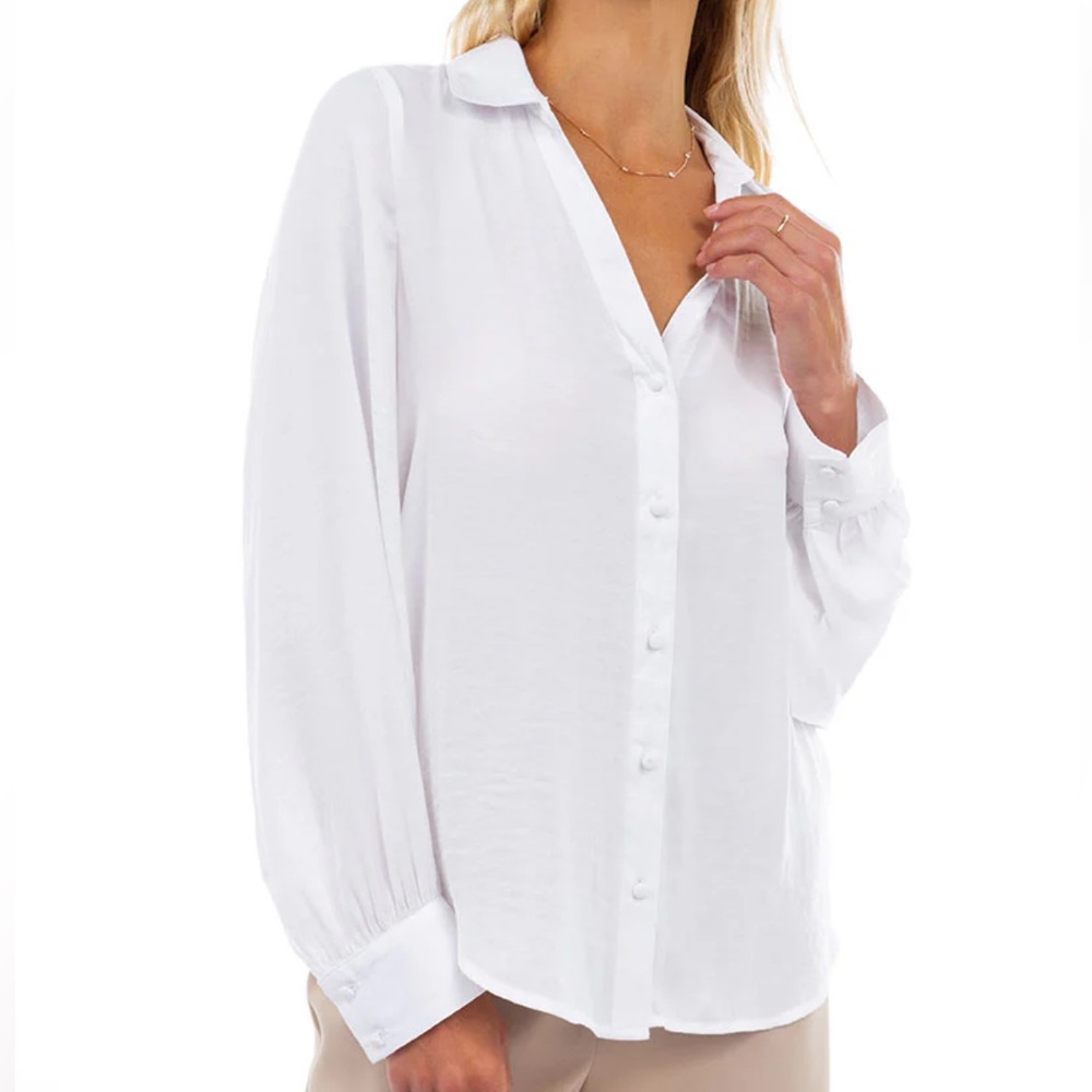 NAKED ZEBRA Classic V-Neck Silky Button Down Blouse with Covered Buttons